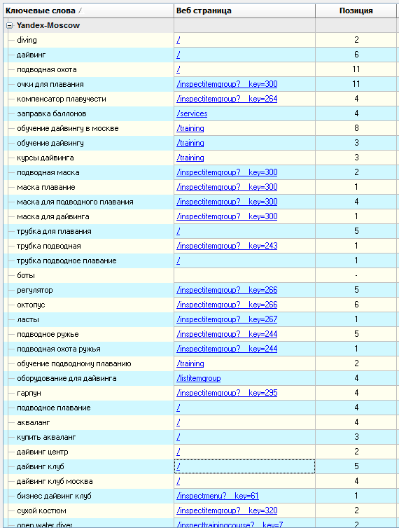 Позиции в Google на момент остановки продвижения