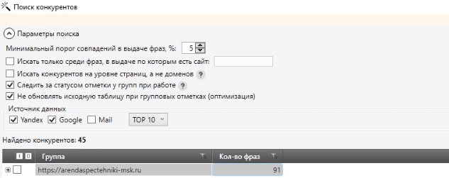 Параметры поиска конкурентов
